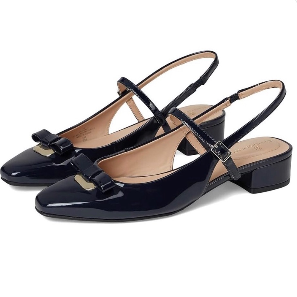 NWT NEW Bandolino Black Patent Slingback Adana Block Heel Pumps with Bow